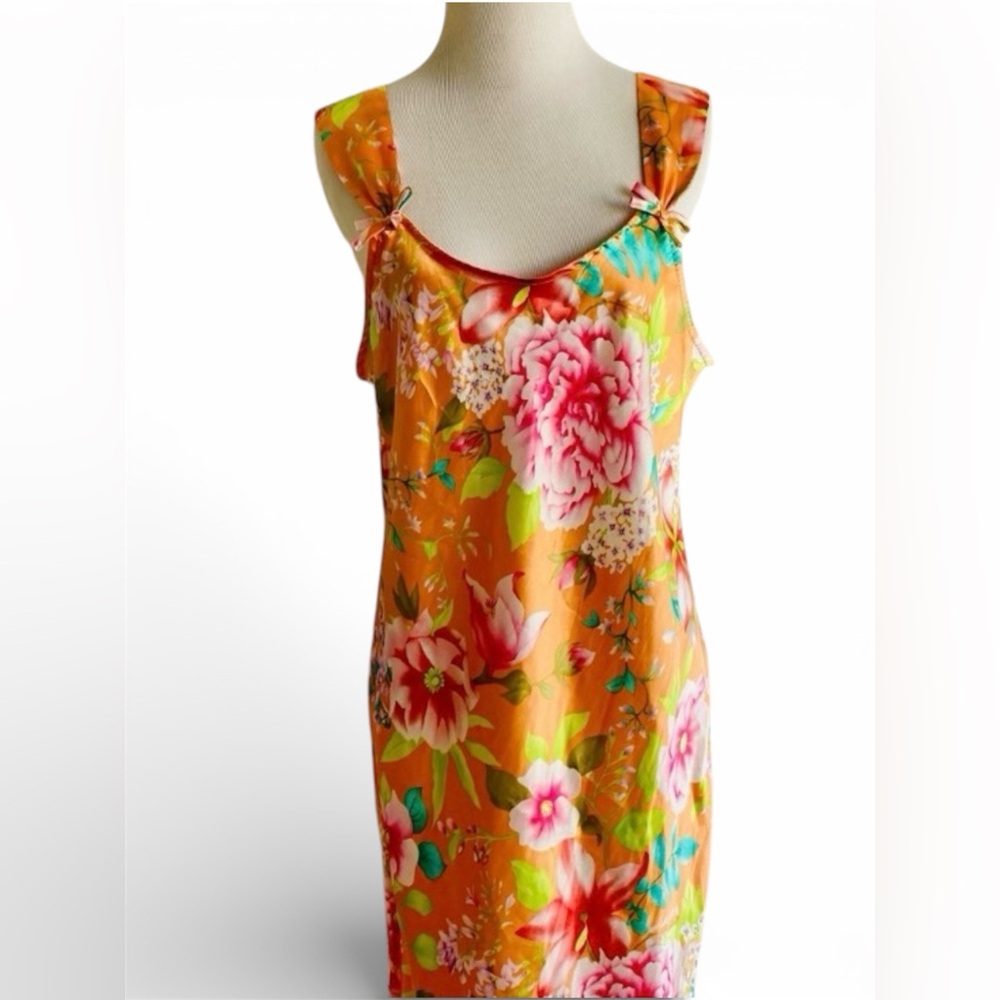 Pink VS  Satin Floral Slip Dress Chemise Large Orange Coquette Babydoll Sexy